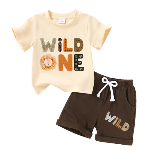 Happy Town Baby Boy Summer Outfits 1st Birthday Themed Prints Vintage Beige T-shirt Shorts Infant Boys Clothes Set 6-24M(Wild One Lion 12-18 Months)