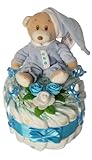 Windeltorte blau, Torte aus Pampers für Jungen, Geburt, Taufe, Geschenk für Jungen, Baby Party, Pampers Gr.3, Kuscheltier-Bär
