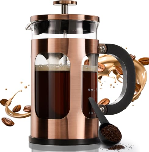 BAYKA 21 Ounce 0.6 Liter French Press Coffee Tea Maker Small, Heat Resistant Thickened Borosilicate Glass Stainless Steel Single Serve Brewer, Cold Brew Cafetera Teapot, Copper