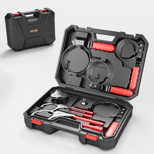 KOOPOOL Oil Filter Wrench Set 8 Piece Adjustable Oil Filter Pliers 2-3/4 to 5-1/4 9 & 12 Universal Oil Filter Removal Tool with 1/2 to 3/8 Adapter Organized in Storage Case (8-Piece Set)