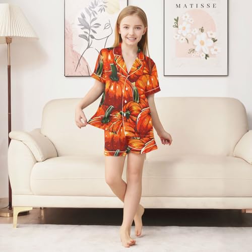 Satin Pajama Sets Short Sleeve Fall Pumpkin Pattern in Orange Button Down Silky Nightwear 2 Piece PJS 5-14Y3