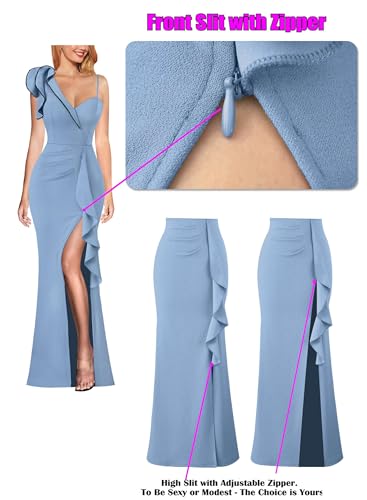 Image of VFSHOW Womens Formal Prom Elegant Ruffle One Shoulder Beaded Strap Ruched Slit Maxi Dress Wedding Evening Long Gown