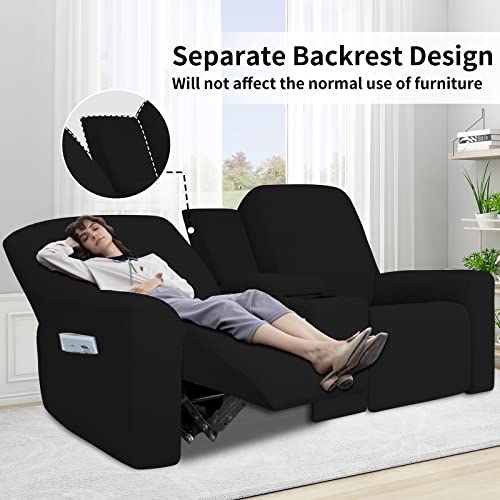 Image of Easy-Going 1 Piece Reclining Loveseat with Middle Console Slipcover | Stretch 2 Seater Loveseat Recliner Cover with Holder and Storage, Recliner Couch Sofa Cover, Furniture Protector Black