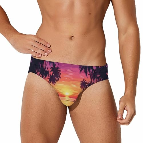 Palms Trees Sunset Printed Swim Briefs for Men Sexy Bikini Swimwear Elastic Beach Trunks Bathing Suit