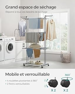 SONGMICS Étendoir à Linge, Séchoir Mobile à 4 Niveaux, avec roulettes, Pliable, 63,5 x 128 x 173 cm, Grande Capacité, Montage Facile, Utilisation Intérieure et Extérieure, Gris LLR701G01