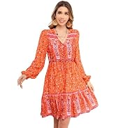 R.Vivimos Women's Cotton Long Sleeves V-Neck Button Up Floral Print Bohemian Flowy Mini Dress