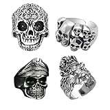 CFEWV Pack De 4 Bagues Chevalière Homme, Crâne Pour Hommes, Bague Tete De Mort, Bague Homme Tête De Mort, Bagues De Motard Hip Hop Halloween (A)