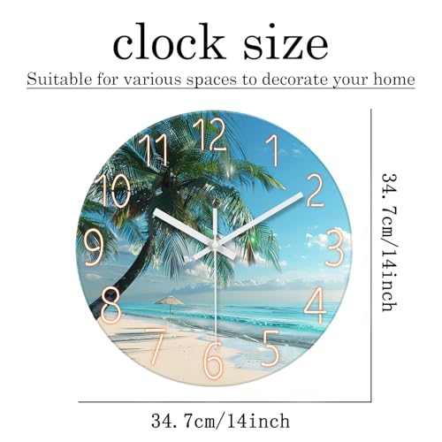 Image of XFM Blue Beach Wall Clock 14 Inch Tropical Palm Tree | Silent Non-Ticking Battery Operated Modern Glass Coastal Nautical Round Decorative for Living Room Kitchen Bedroom Office