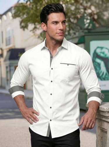 Image of Men's Cotton Blend Shirt with Solid Long Sleeves Spread Coller Neck Regular Fit Single Chest Pocket and Standard Length | Cotton Casual Shirt for Man