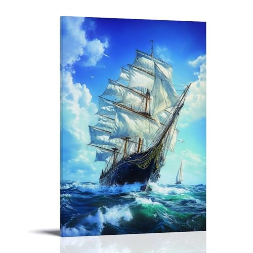 Poster vintage de peinture à l'huile sur toile Motif bateau à voile 30 x 45 cm