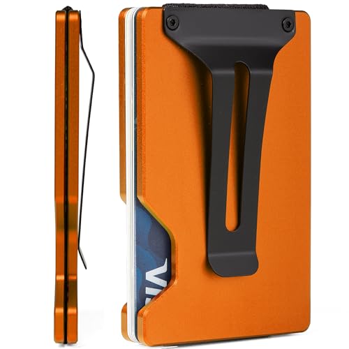 Image of Minimalist Carbon Fiber Wallet for Men, Money Clip Cash Strap Wallet, RFID Blocking Metal Wallet Aluminum Card Holder,Front Pocket Wallet(Matte Orange)