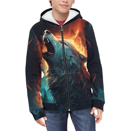 HUIACONG Wolf Zip Up Hoodie for Boys 10-12 Sweatshirt Kids Long Sleeve Shirt Novelty Jacket Full Zipper Hoodies Pullover Top Fall Clothes Hooded with Pocket