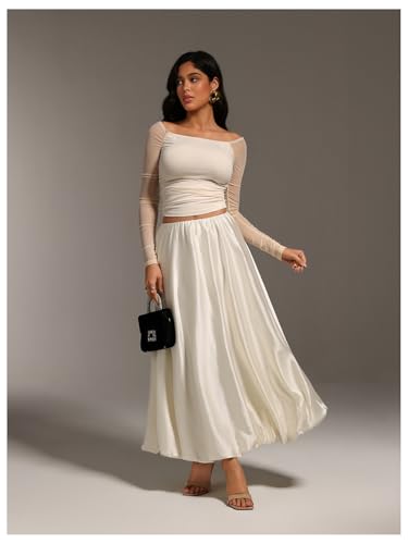 MakeMeChic Women's Satin Bubble Skirt Elastic Waist Loose Fit A Line Long Skirts4