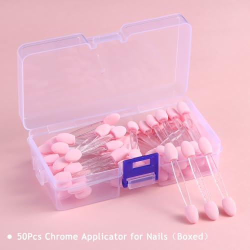 Furtherpretty Chrome Applicator for Nails, 50pcs Dual-Sided Eyeshadow Sponge Applicator Makeup Brush Chrome Nail Powder Applicator Disposable Nail Brushes with Box, Nail Salon Supplies (50pcs-Pink)