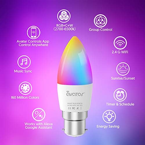 Avatar Controls Smart Bulbs LED Candle Bulb B22 Bayonet, Music Sync Colour Dimmable Light, RBG Warm Cool White