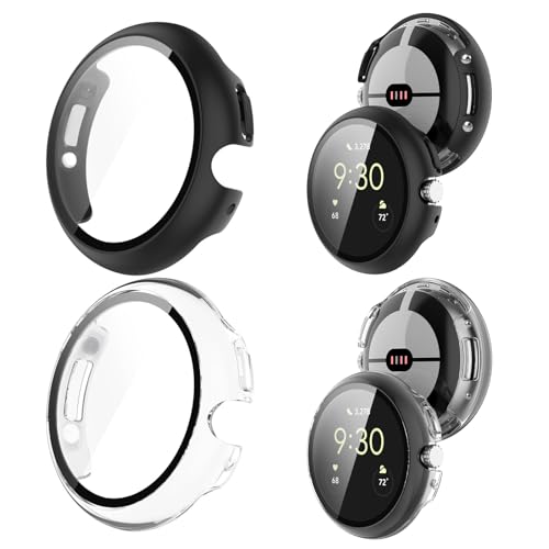 Image of 2Pack Watch Cases Compatible with 41mm Google Pixel Watch 4, Charge with Case On, HD Tempered Glass Screen Protector, Touch-Sensitive, Shockproof, Black + Clear