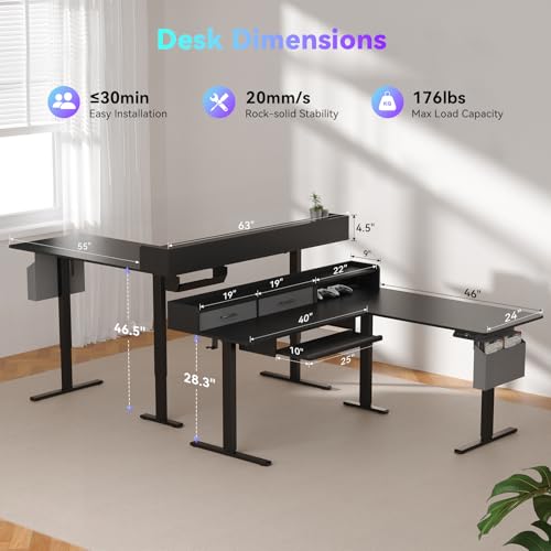 Image of WALKINGDESK 63 Inches L Shaped Standing Desk with Keyboard Tray and 2 Drawers, L Shaped Electric Standing Desk, Adjustable L Shaped Office Desk,Corner Standing Desk for Home Office, Black