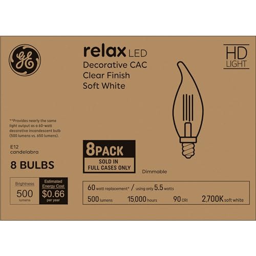 GE Relax LED Candelabra Bulbs 60W Soft White Clear Small Base 8 Pack