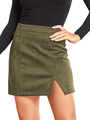 Umenlele Women's Basic Split Hem High Waist Suede Mini Pencil Bodycon Skirt Army Green Small #TOP3
