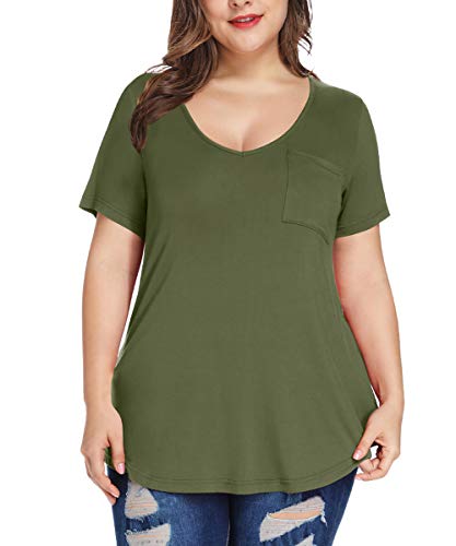 MONNURO Plus Size Tops for Women Casual V Neck Summer Short Sleeve T Shirts with Pocket(Army Green,3X)