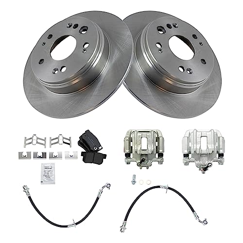 Image of TRQ Rear Brake Pad and Rotor Set Semi Metallic Rotors Calipers Hoses Compatible with 2002-2004 Honda CR-V