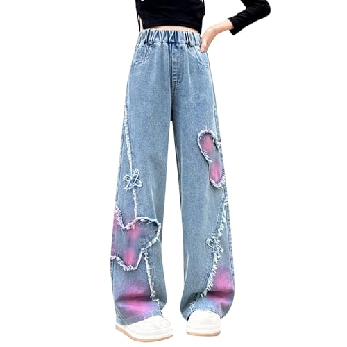 Girls Ripped Jeans Patchwork Cotton Pant Youth Tie Dye Baggy Denim Pants Teens Elastic High Wasited Leggings Streetwear