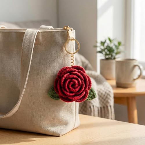 Image of Handmade Crochet Rose Flower Keychain for Women & Girls, Cute Red Flower Key Ring, Soft Yarn Knitted Charm, Romantic Gift, Bag Accessory, Car Key Holder, Aesthetic Handmade Gift