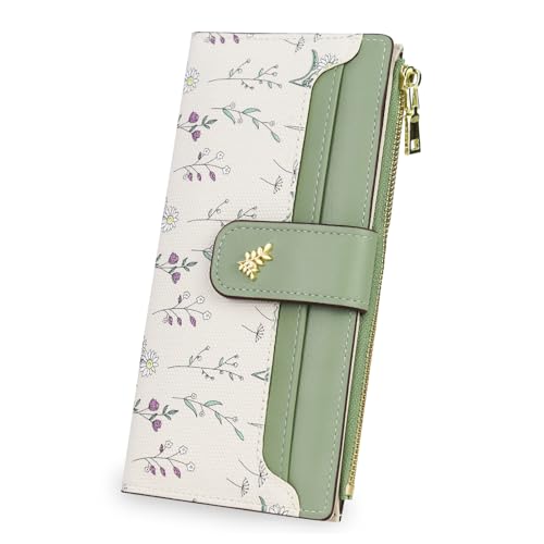 Portefeuille femme en cuir synthétique vert moderne long fin avec zip monnaie