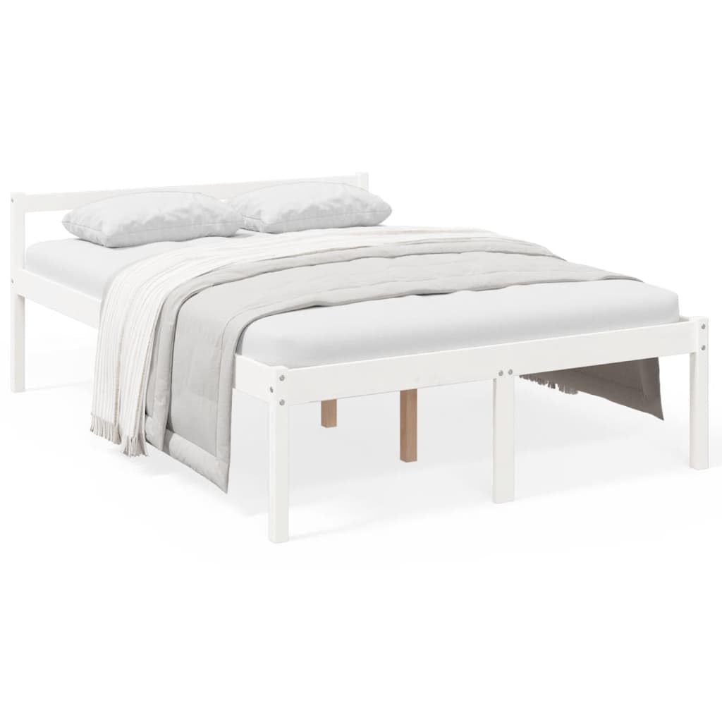 Seniorenbett 140x190 cm Massivholz Bettgestell aus Kiefernholz in Weiß, Seniorengerechtes Bett mit 45 cm Sitzhöhe, Inklusive Lattenrost und Kopfteil