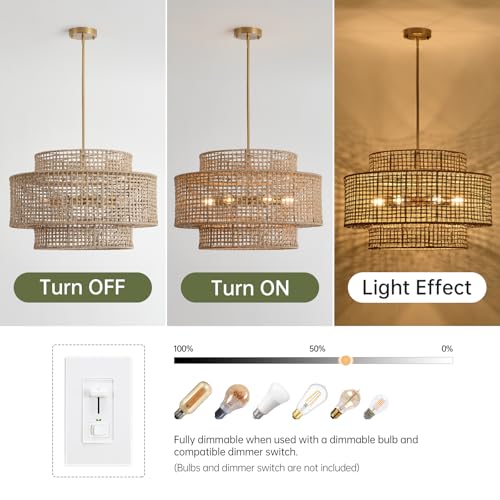 Image of 24 inch Rattan Chandelier for Dining Room, Large Boho 6-Light Rustic Chandeliers Light Fixture with Wicker Shade, Hand Woven Farmhouse Pendant Lighting for Kitchen Bedroom, Living Room, Foyer