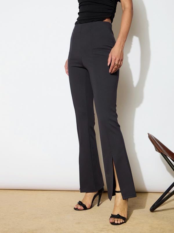 Image of Black Front Slit 4-Way Stretch Slim Pants