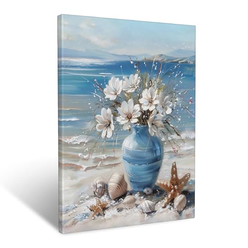 IBTKQSM Flower Beach Canvas Wall Art for Bathroom Living Room Bedroom Kitchen Office,Coastal Floral Pictures Wall Decor Seaside Ocean Print Painting Beach Floral Artwork Decoration 16 x 20 inch