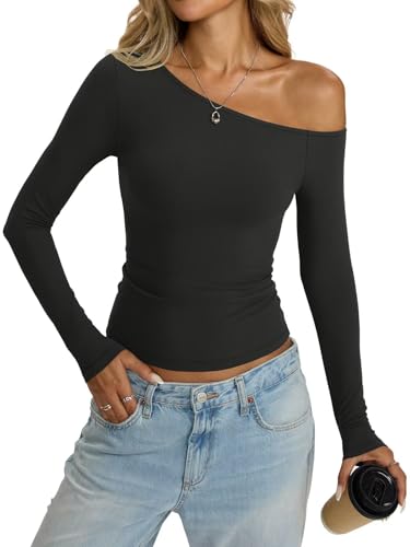 Womens Off Shoulder Tops Tight Long Sleeve Shirts Sexy Crop Top Y2K Slim Fit Going Out Fall Fashion Clothes 20254