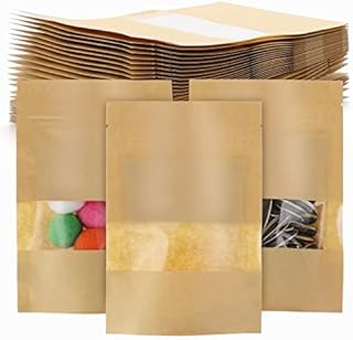 Kinsinder 100pcs Kraft Paper Stand Up Food Bags, Reusable Ziplock Seal Bags, Kraft Paper Bags with Transparent Window, Suitable for Storaging Dried Fruit Coffee Tea Seeds, 9x14cm