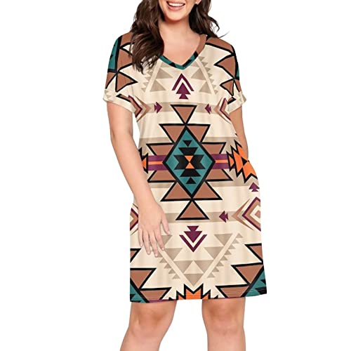 Showudesigns Robes tee-shirt pour femmes col en V manches courtes robes d'été, Aztèque, XXL