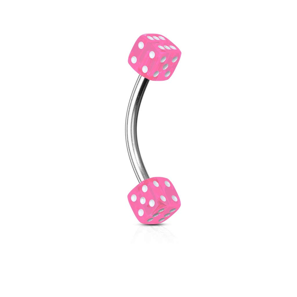 Gekko Body JewelleryEyebrow Bar Barbell Piercing with Pink UV Coloured Dice Ends Surgical Steel