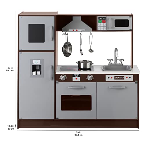 Image of Amazon Basics Kids Upright Wooden Kitchen Toy Playset with Stove, Oven, Sink, Fridge and Accessories, for Toddlers, Preschoolers, Children Age 3+ Years, Espresso /Gray, 39x11.8x39''