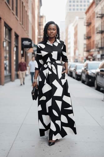 Image of Runwind Women Church Maxi Dresses 3 /4 Sleeve Button Down Print Casual Office Dress African