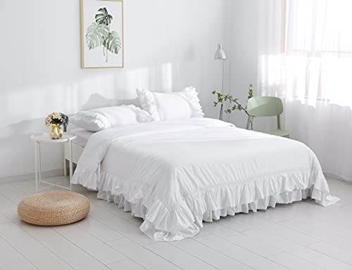 Meaning4 White Ruffles Duvet Cover with Lace King Size Egypt Cotton 104x90 Inch 1 Pieces Solid - Thumbnail 2