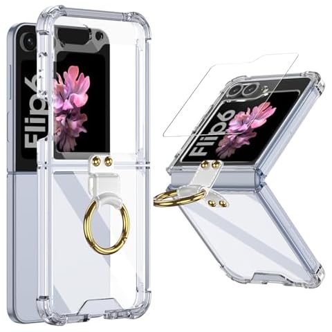 Bigqin Phone Case Compatible with Samsung Galaxy Z Flip 6 Protective Cover with Outer Screen Protector and Ring, Heavy Duty Shockproof Lightweight Non Slip Full Protection Case,Clear Cover