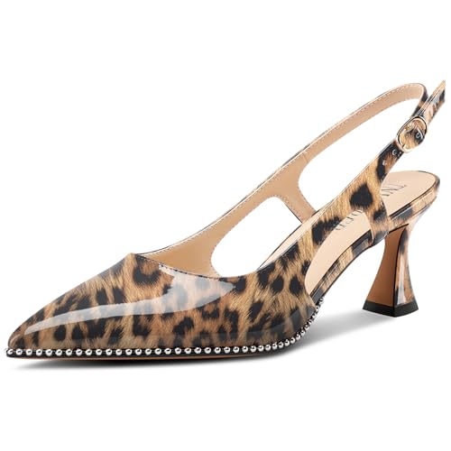 Image of TNYNFBEB Womens Kitten Heel Pointed Toe Pumps Sliver Beaded Slingback Slip-on Buckle Prom Dress Basic Classic Patent Leather Summer 2.6 Inches Heels