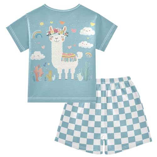 Checkerboard Plaid Llama Cacti Blue Pajama Set Short Sleeve PJS 2 Piece Summer Pajamas Shorts Sets Cotton 5Y2