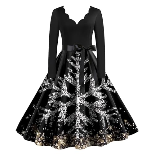 Weihnachtskleid Damen Elegant, Kleid Weihnachten Damen Langarm, Mit V-Ausschnitt Weihnachts Kleider Schneeflocke Muster Partykleid Rockabilly A-Linie...