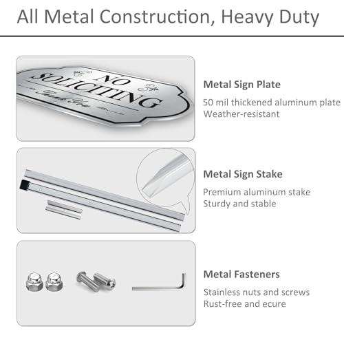 Image of Heavy Duty No Soliciting Sign for House - All Metal Construction No Soliciting Yard Sign - 14 inch x 7 inch - Aluminum - with 28 inch Long Stake