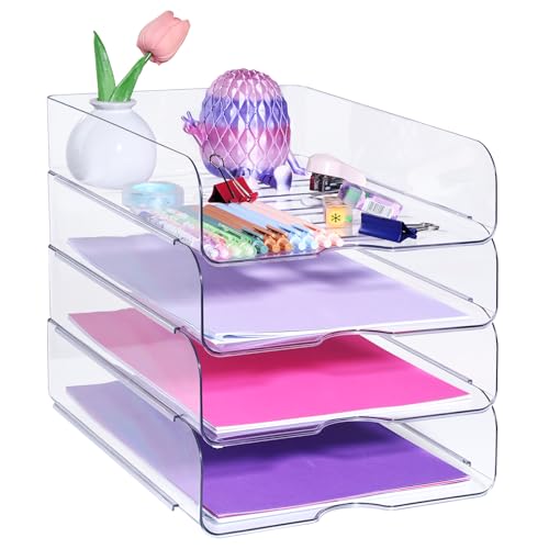 EasyOFC Lot de 4 bacs à courrier transparents empilables pour papier A4, documents, notes, livres