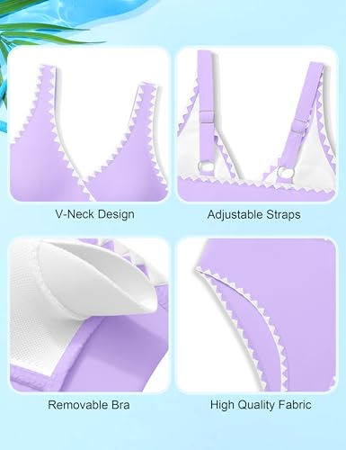 Image of KANGKANG Girls Swimsuit Bikini Set Solid Color V-Neck Two Piece Bathing Suit with Chest Pad Adjustable Straps Swimwear 7-16T
