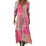 Vestidos Mujer Verano Lino Escote en V Mangas 3/4 Vestido Largo Playa Holgado Suelto Vintage Boho Chic Flores Maxi Tunica Playeros Larga Elegantes Talla Grande Ropa de Fiesta 2026 Casual Dress