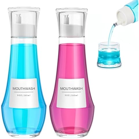 hoforife 2 Pack Glass Mouthwash Dispenser for Bathroom, 9 OZ Small Clear Refillable Mouth Wash Bottle with Lid Cup Cover