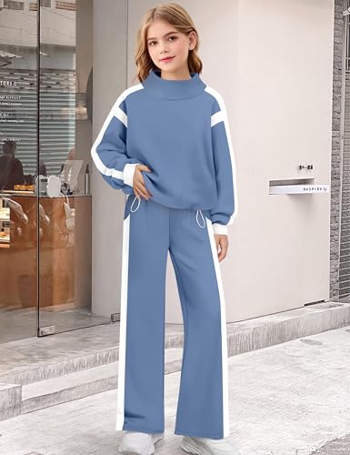 Girls Clothes 2 Piece Outfits Turtleneck Sweatsuit Fleece Colorblock Sweatshirt Wide Leg Sweatpants Fall Winter Sets3