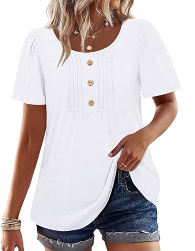 Image of Womens Tops Dressy Casual Blouses Short Sleeve Shirts Plus Size Fashion Clothing Spring Summer Outfits Button Pleated Front
